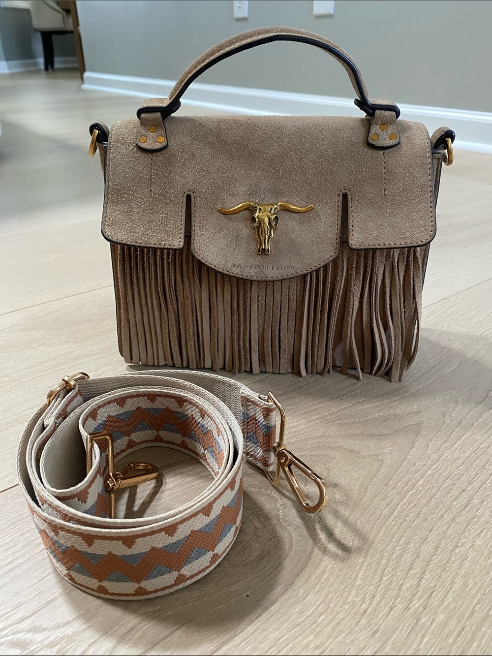 Polo Ralph Lauren Small Schooly Bag in Beige Suede + Strap + Dustbag - Picture 2 of 13